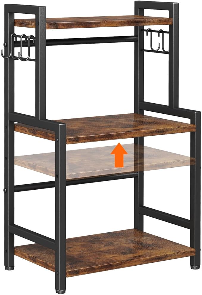 Kitchen Countertop Organizer,3 Tier Large Spice Rack Organizer with Adjustable Shelf and 5 Hooks,Wooden Counter Organizer,Space Saving Countertop Shelf Microwave Stand for Kitchen,Bathroom,Coffee Bar