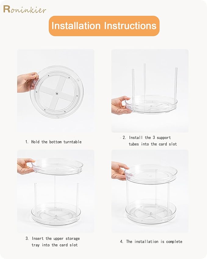 Roninkier 2-Tier Clear Lazy-Susan Turntable – 11-Inch Pantry Spice-Rack Cabinet-Organizer – Plastic Lazy Susan Makeup Organizer for Bathroom Countertop