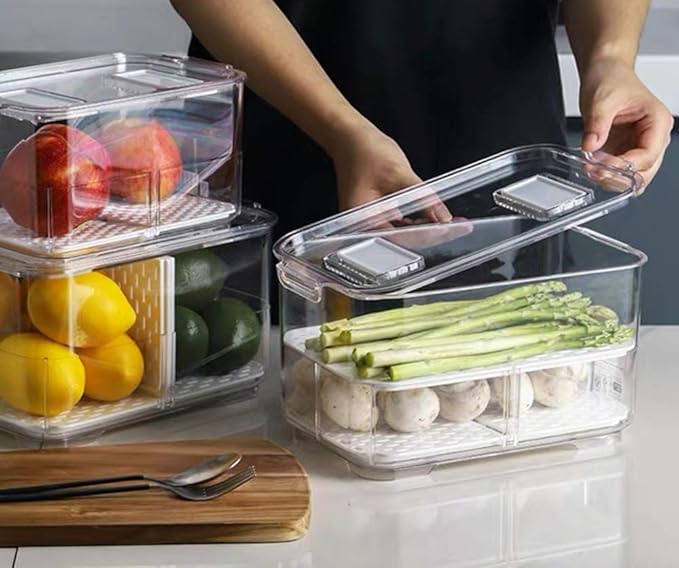 Fridge Storage Containers Bins Fresh Keeper Freezer Bins, Vegetable Fruit Storage Containers Fresh Container Produce Saver Organizer Keeper Bins with Lids Removable Drain Tray