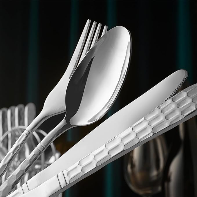 24 Piece Silverware Set with Hanging holder,Stainless Steel Flatware Cutlery Set-Fork Spoon and Knife Service for 6,Kitchen Utensil Tableware Set,Mirror Polished,Dishwasher Safe,Silvery
