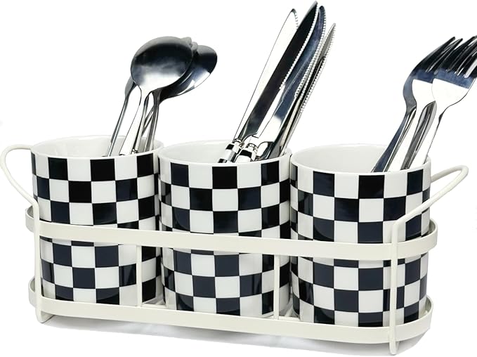 Silverware Caddy Countertop, Utensil Caddy For Party, Cutlery Flatware Organizer Storage, Spoon Fork Holder Basket for Parties Kitchen Coffee Bar Picnic Buffe-Ceramics Black and White Checkered
