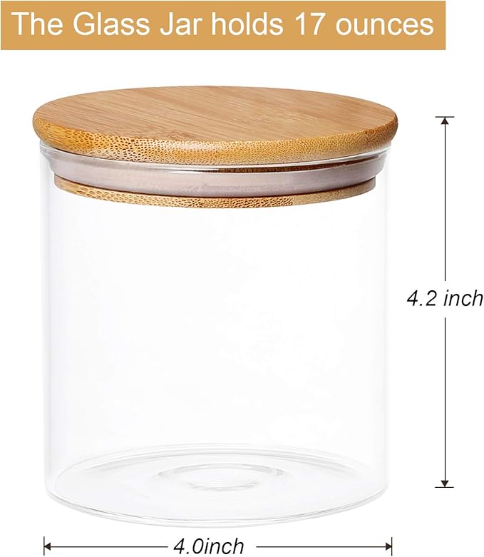 4 Pack Glass Jars with Airtight Bamboo Lids, Glass Kitchen Canisters Clear Container for Food Storage of Dry Goods, Cookie, Candy, Spices, Coffee Beans and More, 18.6 OZ