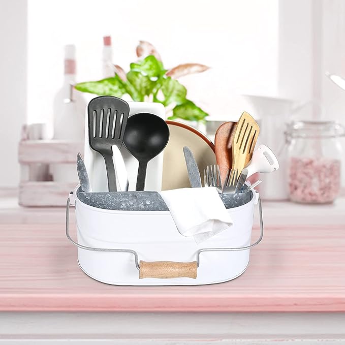 Alpha Living Home - Galvanized Metal Utensil Caddy with Handle – 4-Compartment Flatware Kitchen organizer, Parties, Picnics, Paper Plates, Cutlery, Napkins – Rustic Farmhouse Countertop (White/Grey)