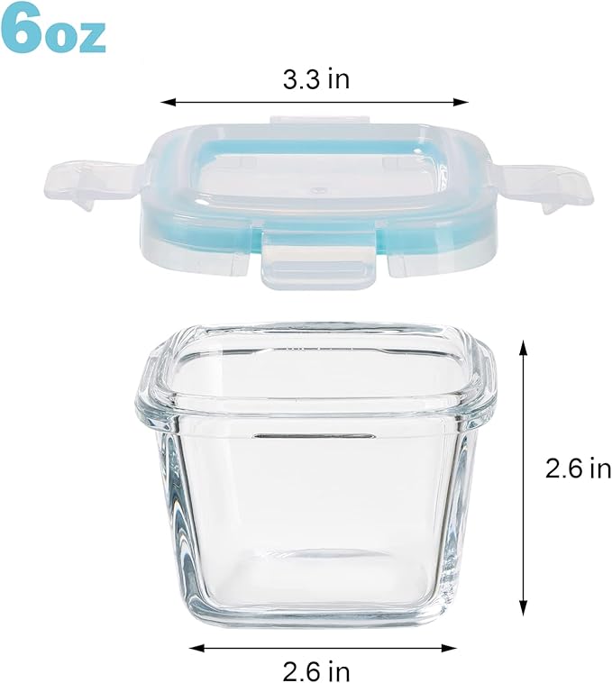 Small Glass Food Storage Containers Set of 12, 6oz Mini Glass Containers Airtight, Leakproof for Snacks, Dips, Overnight Oats, Condiment Salad Dressing Sauce, Microwave, Dishwasher Safe