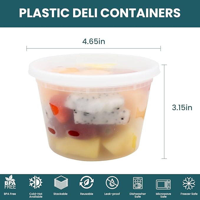 Deli Containers with Lids - 16 oz Plastic Food Storage Containers, 48 Sets - BPA Free, Microwave, Freezer & Dishwasher Safe