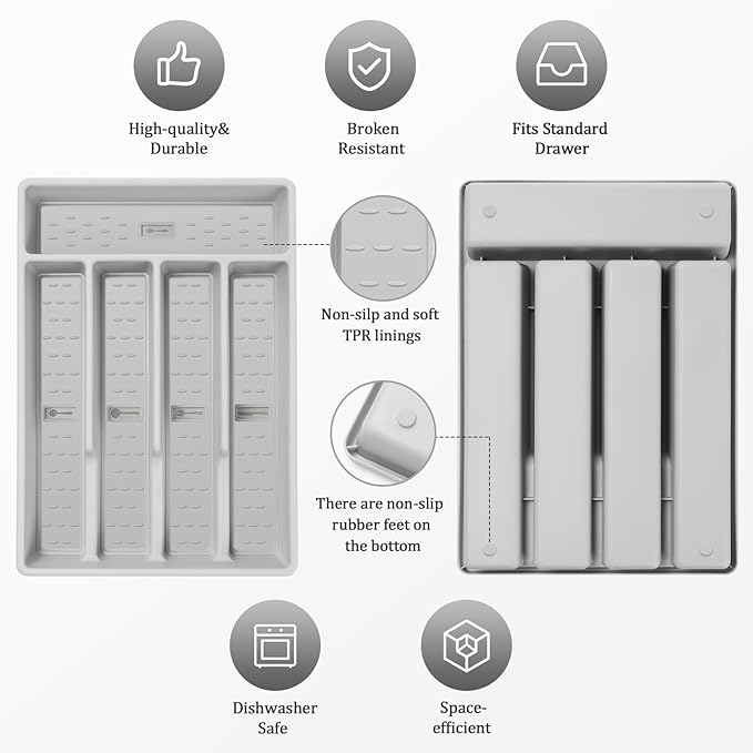 Silverware Organizer with Cutlery Icons,Silverware Tray for Kitchen Drawer,Plastic Flatware Tableware Cultery Drawer Organizer Utensil Organizer with Non-slip TPR Linings,5-Compartment,Grey