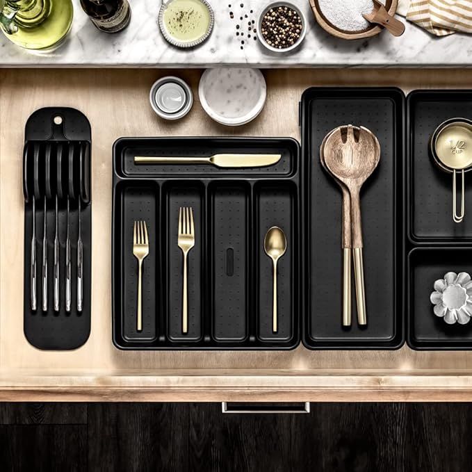 madesmart Premium Antimicrobial Classic Small Silverware Tray Soft Grip, Non-Slip Kitchen Drawer, 5 Compartments, Multi-Purpose Home Organization, EPA Certified, Carbon