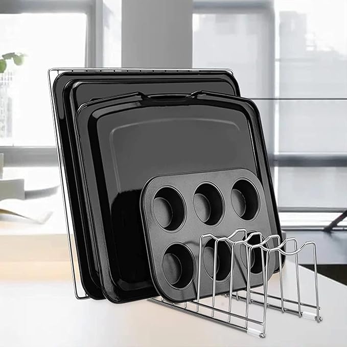 Pot Lid Organizer, Pot and Pan Lid Holder Kitchen Pot Lid Rack, Best Organization Tool Suitable for Baking Pan, Cutting Board, Trays (2 PCS, 8 Silicone Foot Covers)