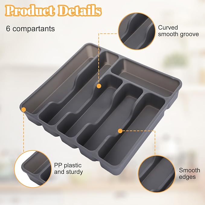 Gray Silverware Organizer with Lid,Plastic Utensil Drawer Organizer,Covered Storage Box Flatware Cutlery Drawer Organizer,Utensil Organizer for Kitchen Drawers,Silverware Tray for Drawer