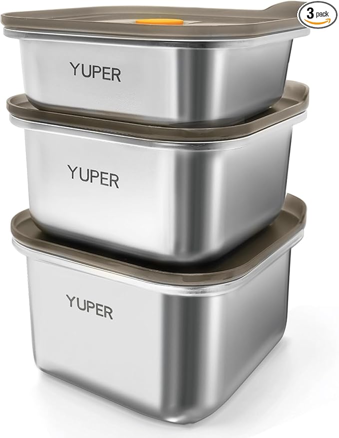 YUPER Stainless Steel Food Containers, Meal Prep Container, Bacon Cheese Container for Refrigerator, Stainless Steel Containers with Lids Fruit Lunch Storage, 3 Pack (17+27+33OZ)