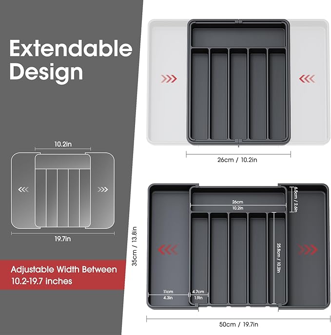 Aujen Expandable Kitchen Drawer Organizer - Multipurpose Black Cutlery and Utensil Organizer for Knives, Forks and More