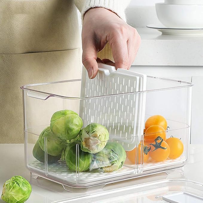 Fridge Produce Saver Containers - Storage Bins for Freezer With Lids and Removable Drain Tray - Fresh Keeper Organizer - 2 Pack