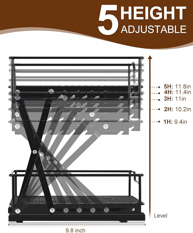 Sliding Spice Rack Organizer for Cabinet, 2-Tier Spice Cabinet Pull Out Rack, Adjustable Height Kitchen Sliding Racks for Cabinets, 6.2”-11.8”H × 8.2”W x 9.8”D