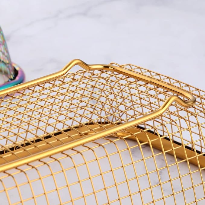 Kitchen Flatware Drawer Organizer, 2pcs Stackable Mesh Cabinet Storage Basket, Stainless Steel Kitchen Utensils Filter Drying Rack Holder for Knives, Fork, Spoon Chopsticks Gold