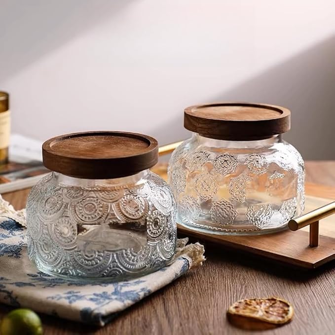 Vintage Glass Jar with Solid Wood Lid, 25.4 FL OZ Glass Food Storage Jar Sugar Container, Candy Coffee Tea Nut Decorated Glass Jar, transparent, SE-semicircle-750
