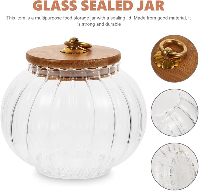 PRETYZOOM Glass Pumpkin Jar with Airtight Lids, 800ml Clear Canister, Pumpkin Shaped Candy Jar, Kitchen Countertop Food Storage Jar for Sugar, Coffee, Loose Tea