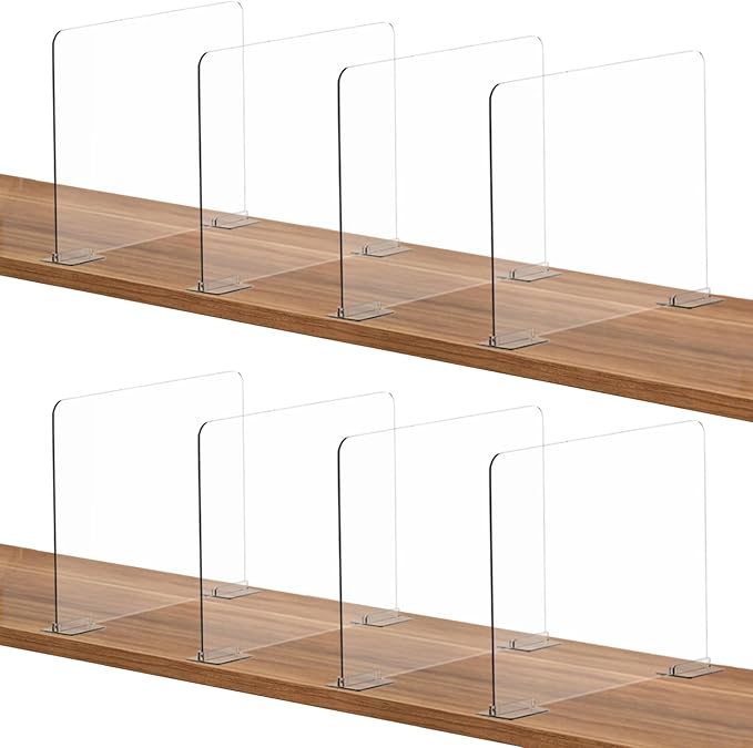 SSAWcasa Acrylic Shelf Dividers, 8 Pack Closet Organization Shelf Organizer for Any Thickness Wood Shelves, Clear Adjustable Purse Bag Sweater Shelving Separator for Bedroom Cabinet Office Storage