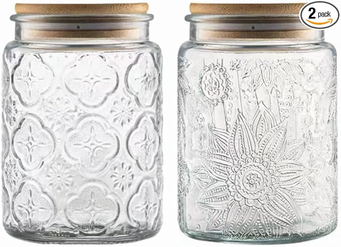 ANSQU Vintage Glass Jars Set Canister Airtight Storage Jar Container with Bamboo Wooden Lids for Kitchen Counter, Pantry, Coffee, Tea, Sugar, Cute Jar, 2 Pack 23.7 FL OZ (Begonia & Sunflower)