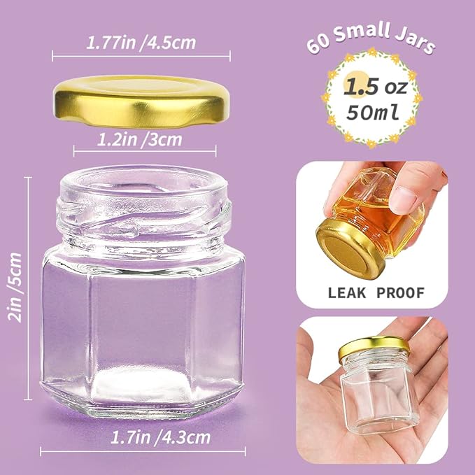 60 Pcs Small Glass Containers with Airtight Lids, 1.5 oz Mini Honey Jars for Wedding Favor, Baby Shower, Small Hexagon Candle Jars for Making Candles, Body Butter, Jam, Spices, Herbs, DIY Gift