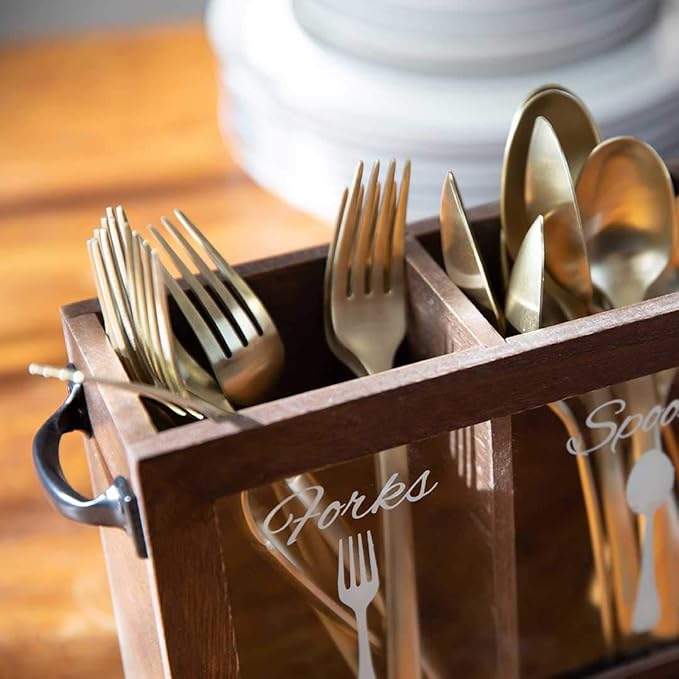 BLU MONACO Espresso Wooden Cutlery & Utensil Caddy – Silverware Organizer Bin for Forks, Spoons, Knives – Perfect for Kitchen Countertop