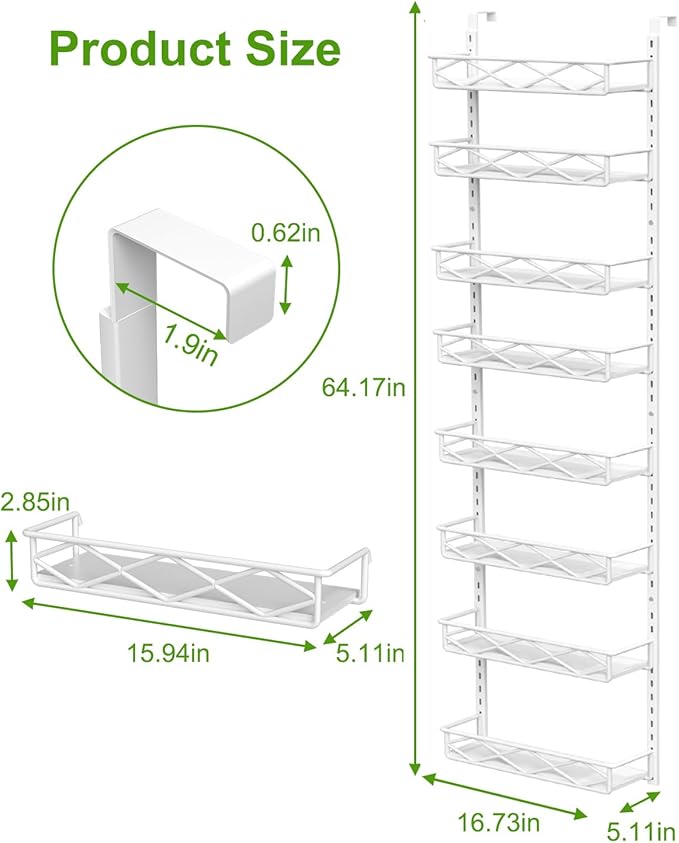 Over The Door Pantry Organizer, 8-Tier Wood & Metal Over The Door Organizer with Adjustable Basket, Hanging Spice Rack, Door Organization and Storage for Kitchen Pantry Door Cabinet, White