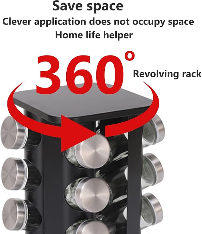 Spice Rack, Spice Rack Organizers for Countertop, Rotating Countertop Spice Rack, Revolving Spice Rack for Kitchen, Kitchen Gadgets, Organizer Rack with Spice Jars (Black, SquareHead_16Jars)