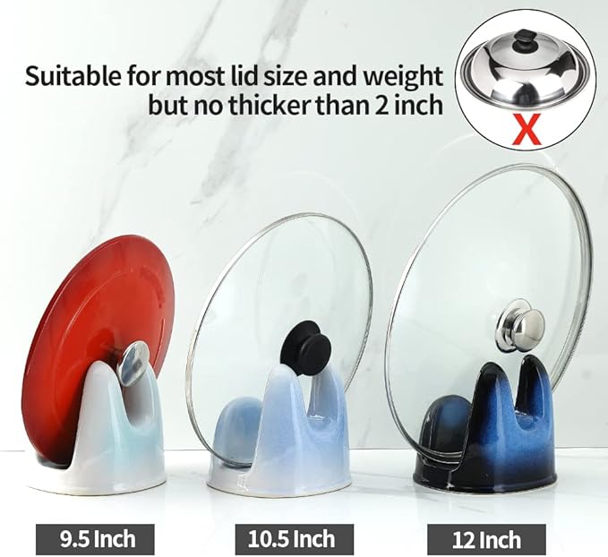 Nihow Pot Lid Holder: Stable Ceramic Pan Lid Holder for Kitchen Counter Decor/Counter top/Stove Top- Heat Resistant & Dishwasher Safe - Elegant White & Blue (1 PC)