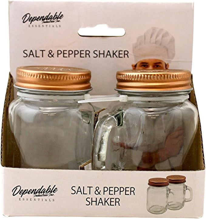 Retro Mason Jar Salt and Pepper Shaker Set – Clear Glass with Stainless Steel Lids, 2-Piece Vintage Design for Kitchen and Dining by Dependable Industries
