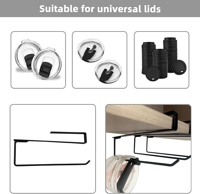 3 Pieces Tumbler Lid Storage Hook, No Install Cup Lid Organizers Inside Cabinet (No Screws, No Adhesive), Clip-On Cup Lid Organizer for Saves Kitchen Space (Black)