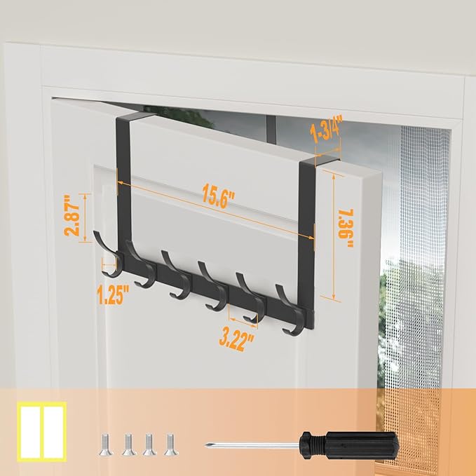 2 Pack Over The Door Hooks, Sturdy Door Hanger, Large Over The Door Towel Rack with 12 Hooks, Heavy Duty Easy to Install, for Bathroom, Bedroom,Kitchen,Hanging Towels, Coats (Black)