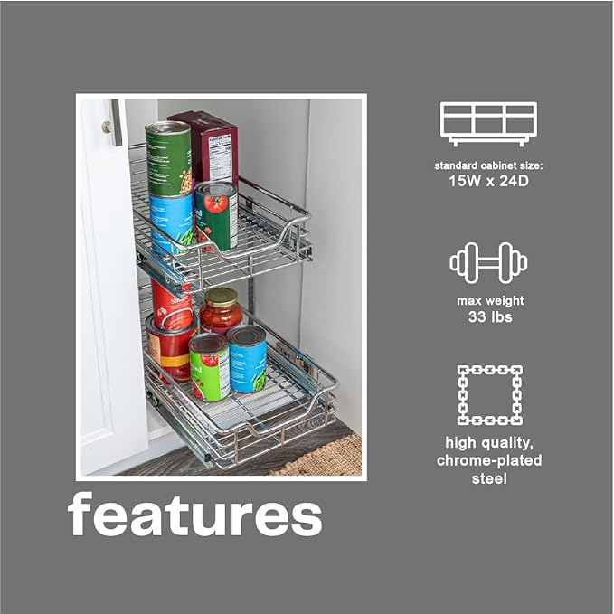 Household Essentials Glidez Slide Out Cabinet Organizer, 11.5” Wide, Durable Chrome-Plated Steel Frame,Dual Baskets & Smooth Glides,Heavy-Duty & Space-Optimizing,Simple Assembly & Installation, Chrome