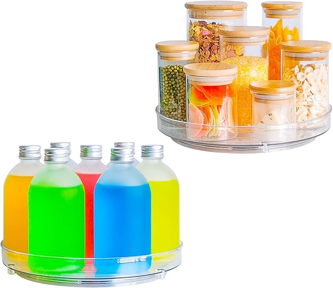 Roninkier Clear Lazy-Susan Turntable Cabinet-Organizer – 2-Pack 9-Inch Spice Rack Storage for Fridge Refrigerator Pantry