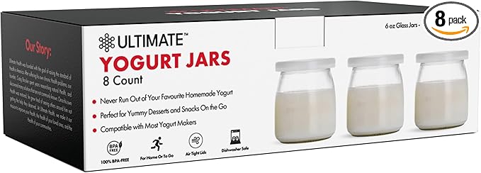 Ultimate Yogurt Jars - Make More Delicious Yoghurt! 8 Count Small Glass Yogurt Cups With Lids - 100% BPA Free, Airtight & Dishwasher Safe! Perfect Containers for Yoghurt, Oatmeal, Pudding, or Jello
