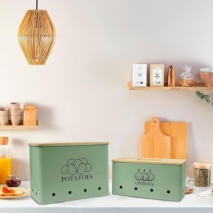 Potato Onion Kitchen Storage Canisters,Storage Bin For Kitchen 2 Pack Set,potatoe, Potato Storage Box,storage And Long Shelf Life With Aerating Tin Storage Holes-Green