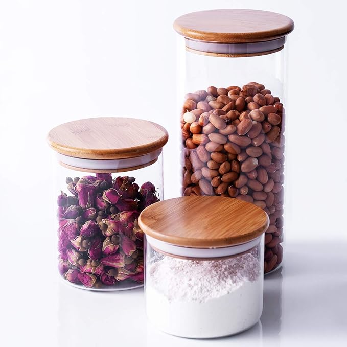 XUXIN Glass Food Storage Jars,Modern Design Clear Glass Bulk Food Storage with Airtight Bamboo Lid, Sealed Food Storage Canisters for Tea, Coffee, Spices, Cookies, Sugar. 24/35/60 oz, Set of