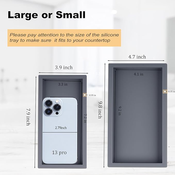 Small Silicone Bathroom Vanity Tray Rectangle Soap and Sponge Holder Kitchen Sink Organizer for Scrubber, Lotion Bottles, Perfume, Jewelry, Candle, Key Trinket Ring, Grey