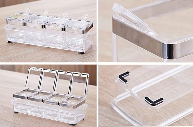 Seasoning Box Stainless 304 Steel Edge, Seasoning Rack Spice Pots, Storage Container Condiment Jars, 4 Piece Clear Acrylic Cruet with Cover and Spoon