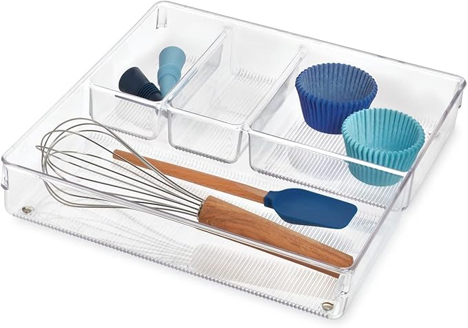 iDesign Linus Kitchen Drawer Organizer for Silverware, Spatulas, Gadgets - 12" x 12" x 2", Clear