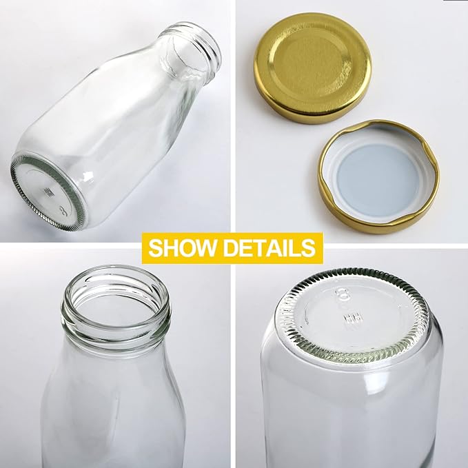 QAPPDA 12 oz Glass Bottles, Clear Glass Milk Bottles with Gold Metal Lids, Vintage Breakfast Shake Clear Container, Vintage Drinking Bottle with Whiteboard Labels and Pen for Party,Kids,Set of 20