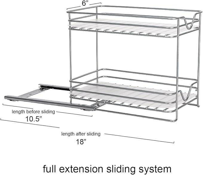 Household Essentials Glidez Paint-Finished Steel Pull-Out/Slide-Out Storage Organizer with Plastic Liner for Spice Rack Use - 2 -Tier Design - Fits Standard Size Cabinet or Shelf, Brushed Silver