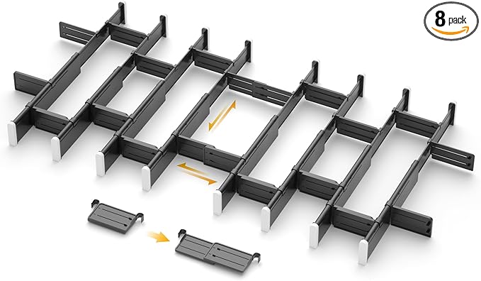 HiYZ Expandable Drawer Dividers with Inserts, Large Kitchen Utensils Drawers Divider, 2.36" High Adjustable Drawer Organizers Separators for Clothing, Kitchen Utensils, 8 Dividers with 16 Inserts