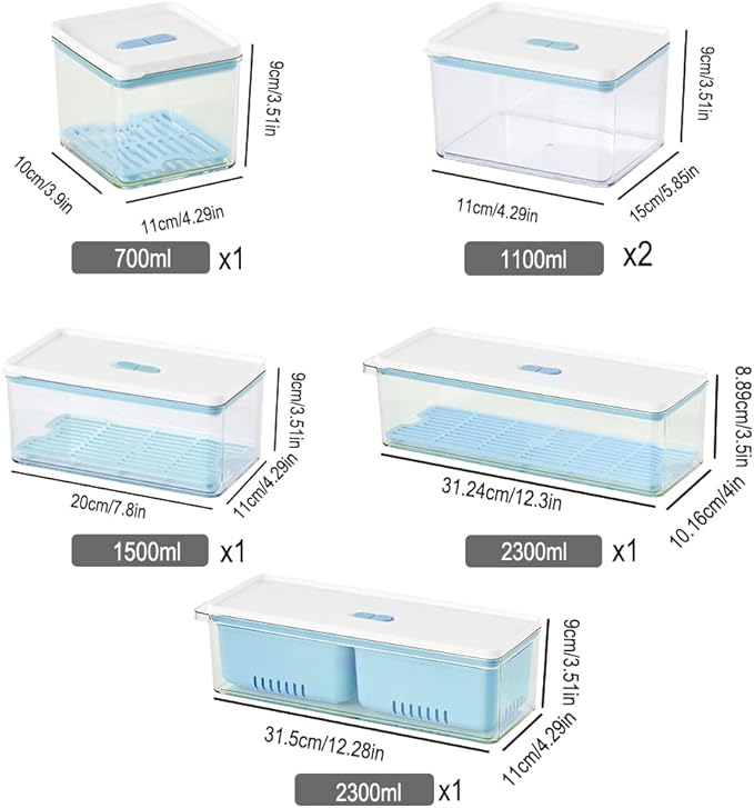 Lille Home Stackable Produce Saver, Organizer Bins/Storage Containers with Removable Drain Tray, Set of Six, for Refrigerators, Cabinets, Countertops and Pantry, BPA Free (Blue,Set of Six)