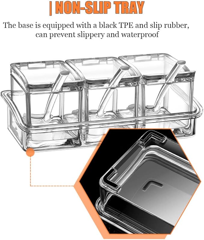 V·RESOURCING Clear Seasoning Box, 3 Pieces Seasoning Rack Spice Pots Storage Container for Spice Salt Sugar Cruet Liquid,Condiment Jars with 3 Spoons