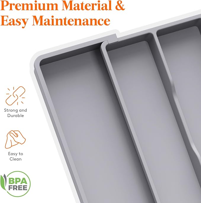 Lifewit Utensil Organizer for Kitchen Drawers, Expandable Cooking Utensil Tray, Adjustable Cutlery Silverware Flatware Holder, Plastic Kitchen Spatula Tools and Gadgets Storage Divider, 2 Pack, Gray