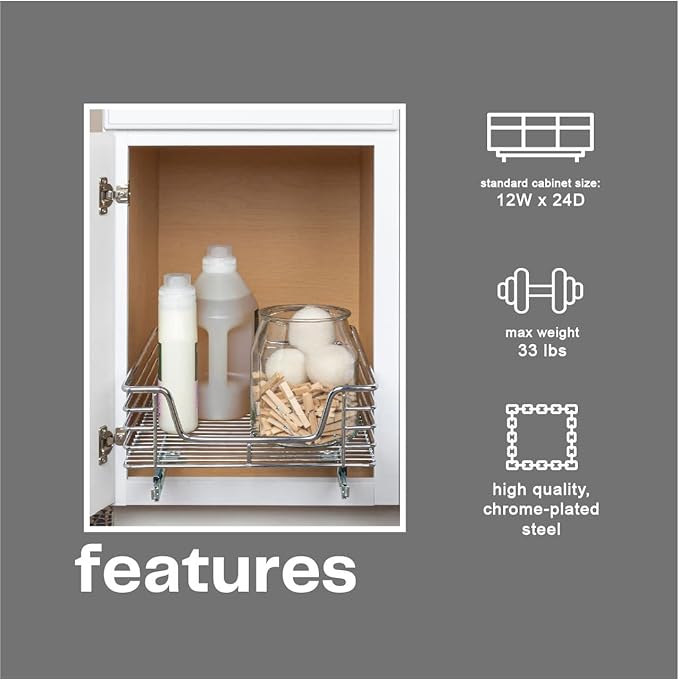 Household Essentials Glidez Chrome-Plated Steel Extended Depth 1-Tier Sliding Under Sink Cabinet Organizer, Chrome