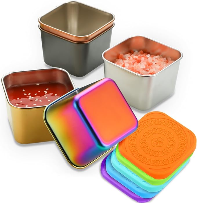 Small Condiment Containers To Go, 5 Pcs Square Spice Jar Kits with Lids, Individual Portion Cups, Leakproof Reusable Ideal for All Hot and Cold Sauces, Lunch Box, Work Trip