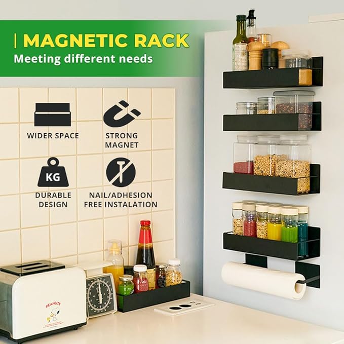 Magnetic spice rack set for refrigerator, space saver with rack | Strong magnetic shelf for fridge, extra storage | Seasoning organizer for Kitchen