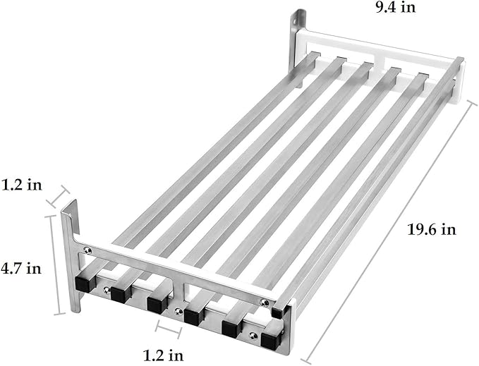 Wall Shelf with 16 Hooks, Stainless Steel Wall Hanging Shelf Organizer Rack for Kitchen, Heavy Duty Slat Shelving Unit for Storage (20'' by 9 1/2")