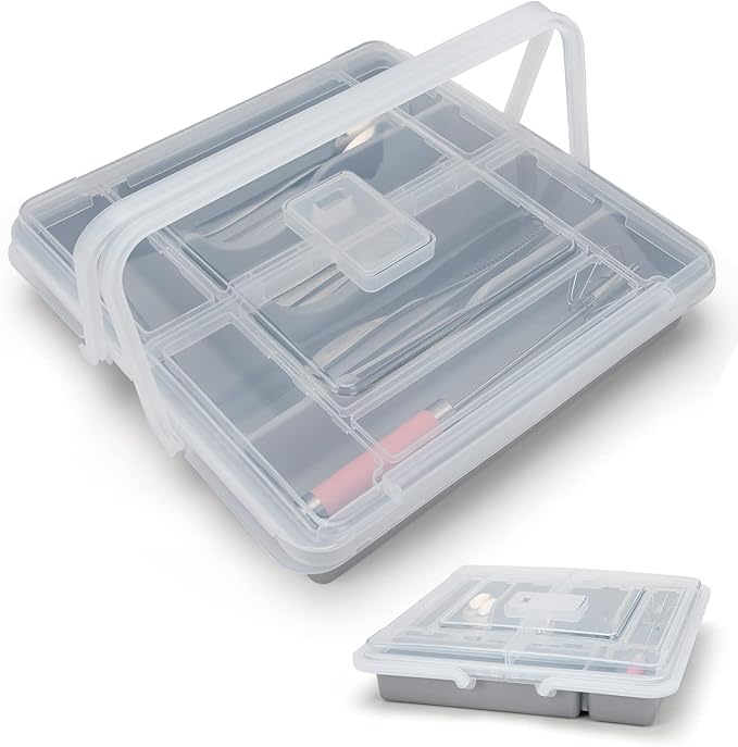 Silverware Organizer with Cover, Portable Cutlery Holder Flatware Tray with Lid Plastic Silverware Storage Box 5 Compartments for Kitchen Drawer (grey)