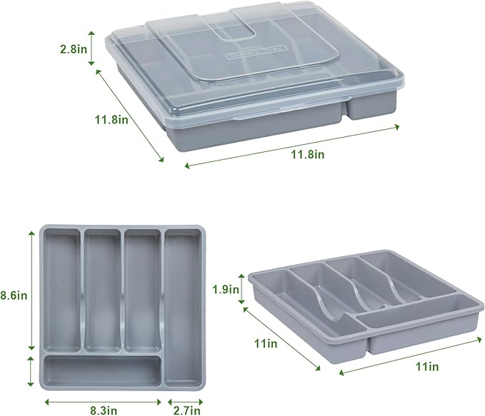 Silverware Holder with Lid, Double Layer Utensil Tray with Cover Large Flatware Organizer Plastic Cutlery Container for Kitchen Drawer Countertop 10 Compartments, Grey